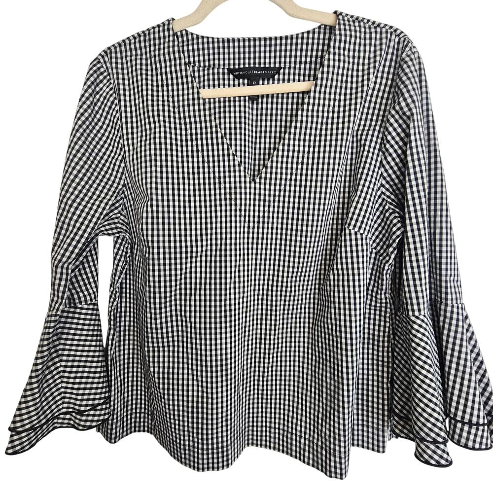 White House Black Market Emma Gingham Poplin Blouse Size 12 Career Corp Office